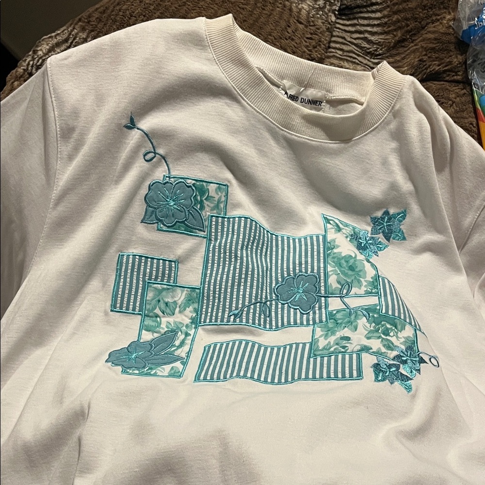 Vintage nwt sz 2X Alfred dunner  White and Teal patchwork Shirt